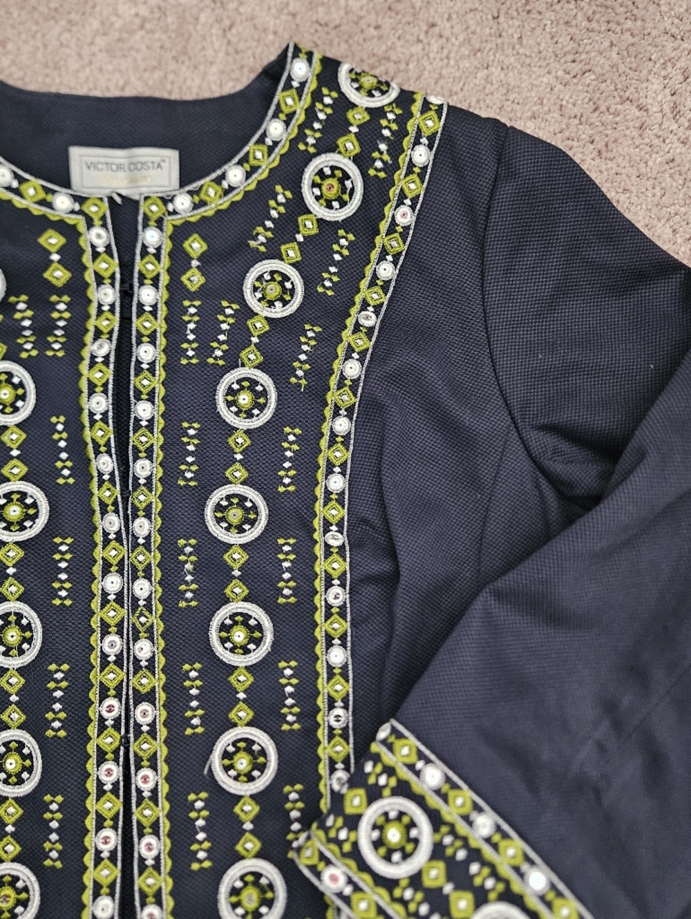 Victor Costa Occasion Embroidered Medallion Jacket Navy Lime Green XL Sequin